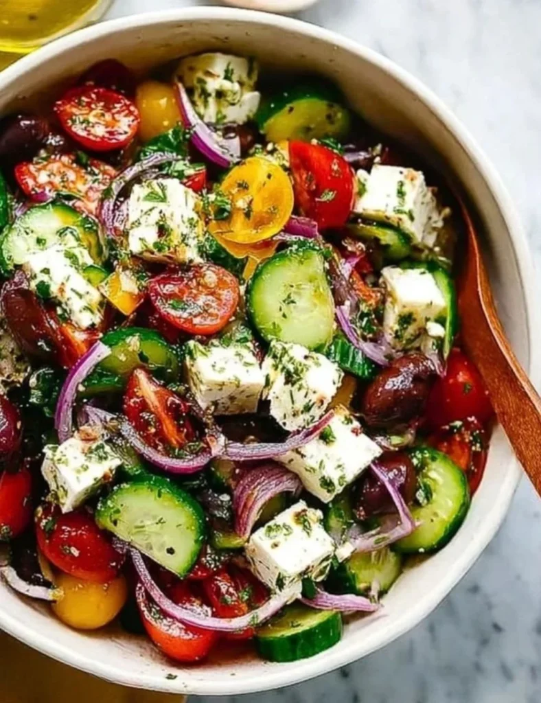 Authentic Mediterranean Greek Salad with fresh vegetables and feta cheese