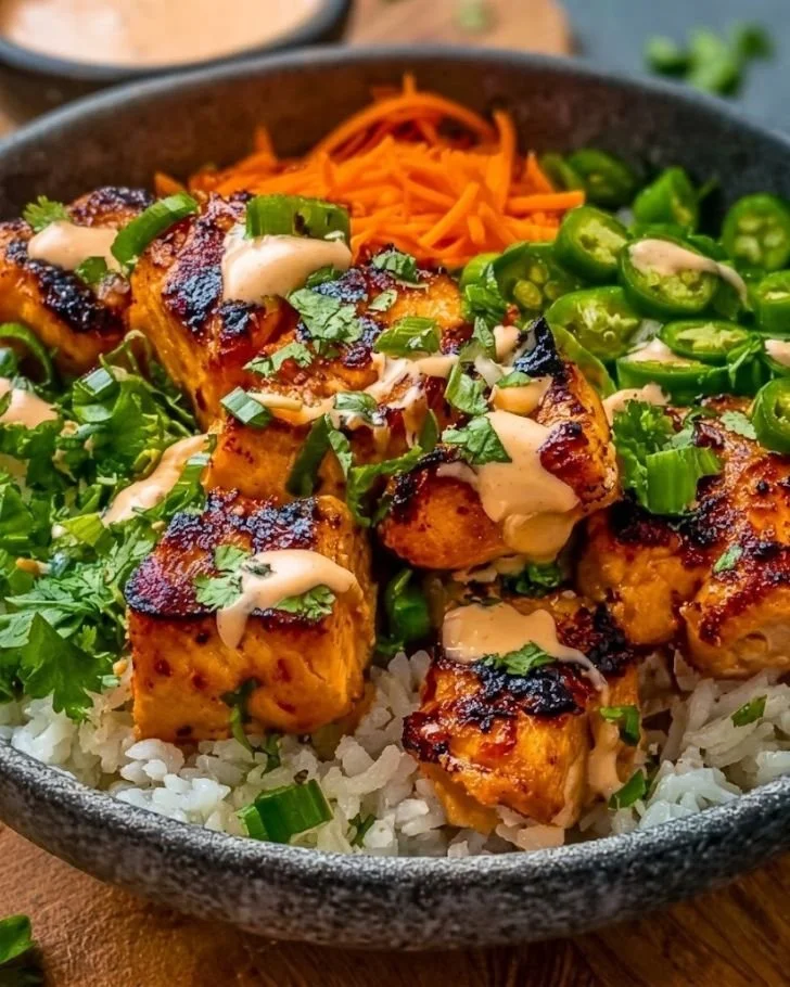 Bang Bang Salmon Bowls with Rice topped with fresh vegetables and sauces