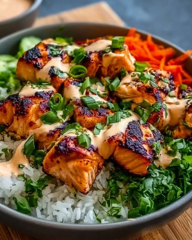 Bang Bang Salmon Bowls With Rice