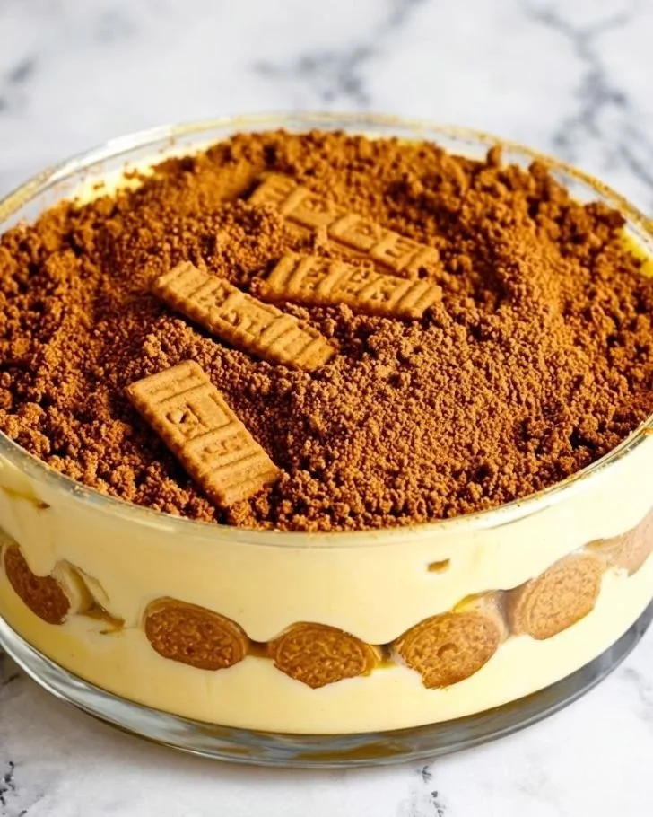 Delicious Biscoff banana pudding with caramel cookie flavor served in a dessert dish.