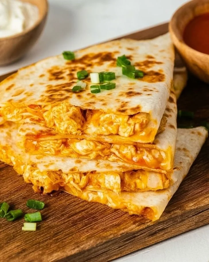Delicious Buffalo Chicken Quesadilla with melted cheese and spicy chicken