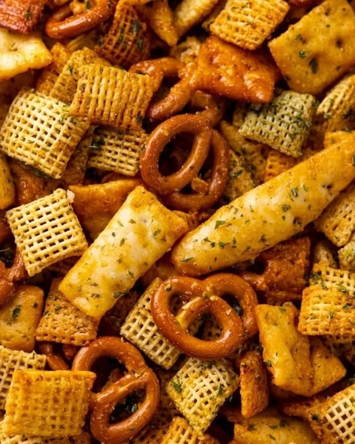 Bowl of Cheesy Ranch Chex Mix with colorful snack ingredients