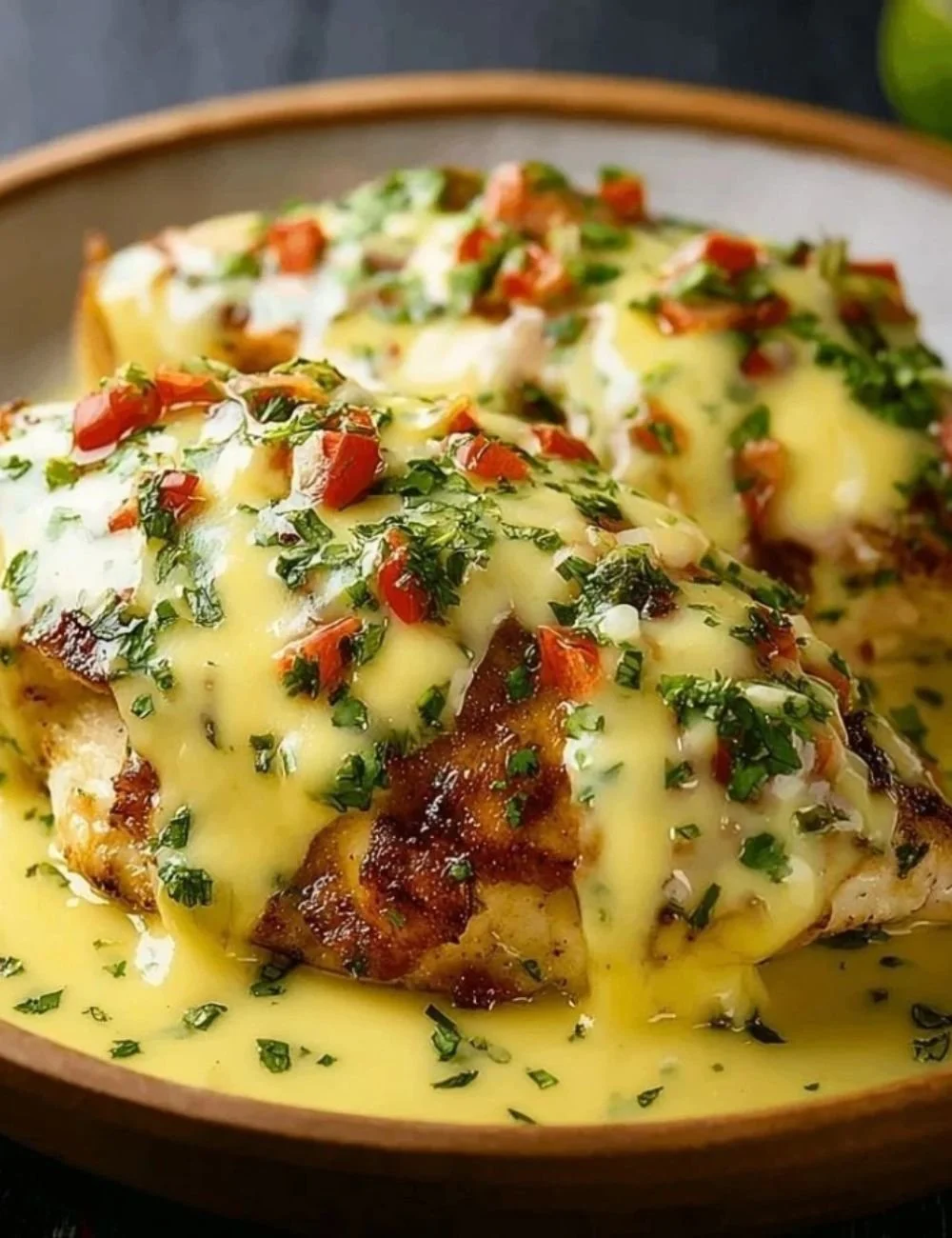 Chicken with Cheese Sauce served in a creamy, delicious style.