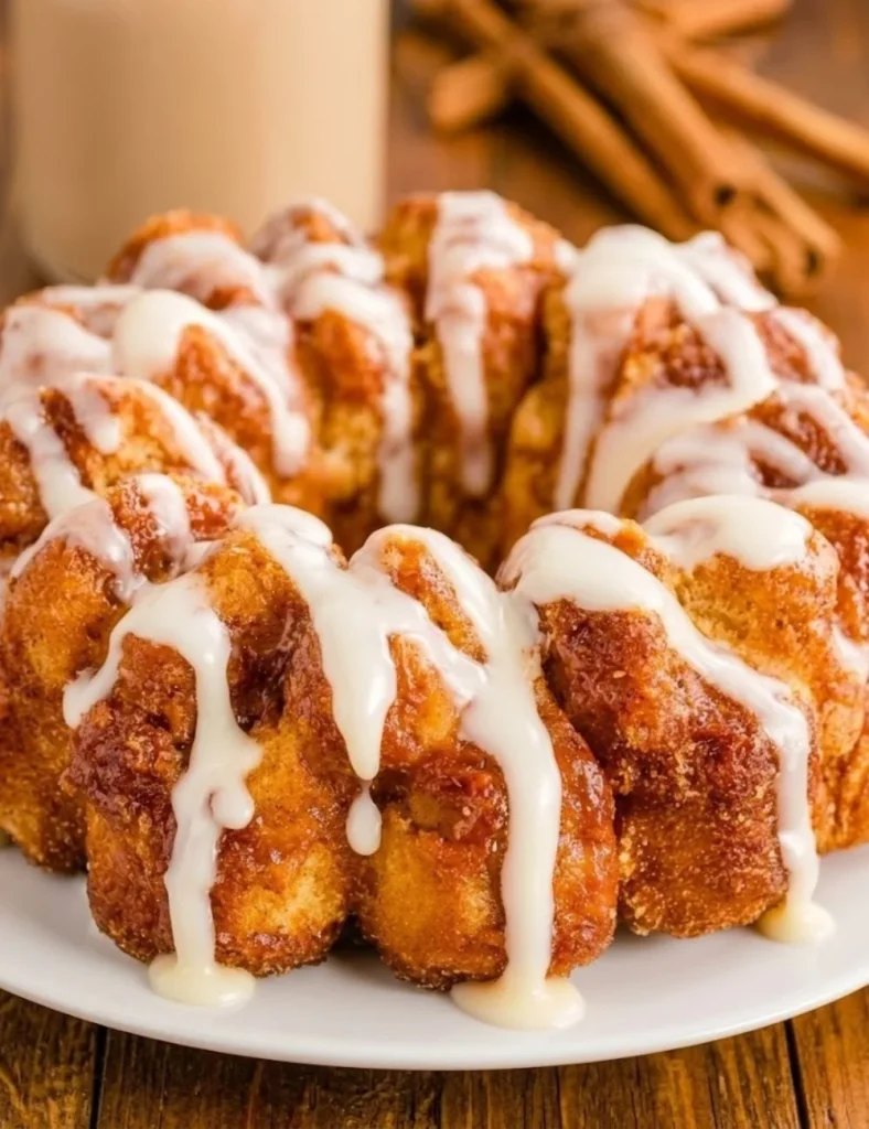 Delicious cinnamon roll monkey bread served warm and drizzled with icing