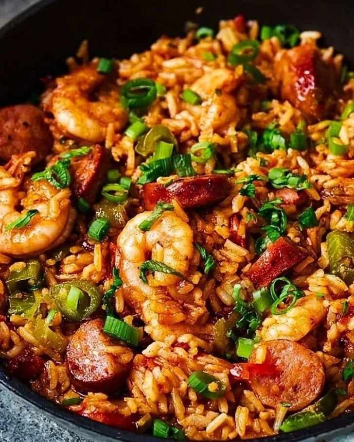 Delicious classic jambalaya dish served in a bowl with shrimp, sausage, and rice.