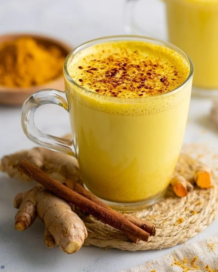 A cup of golden milk with spices, turmeric, and coconut milk