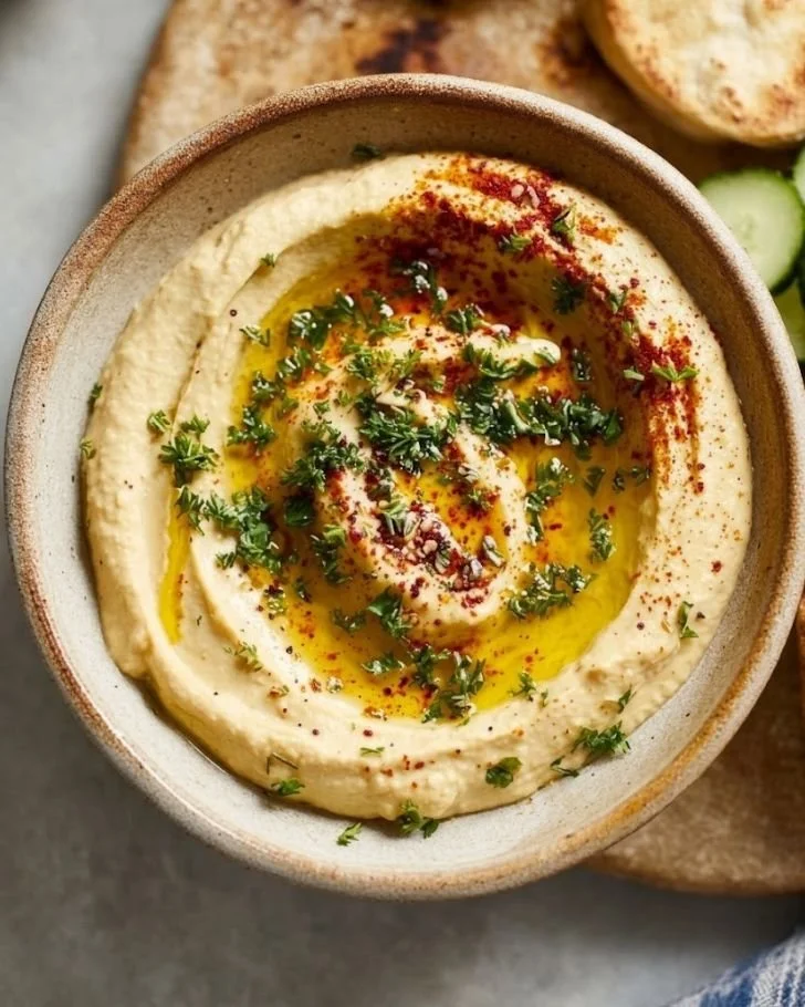 Bowl of easy 5-minute smooth hummus garnished with olive oil and herbs