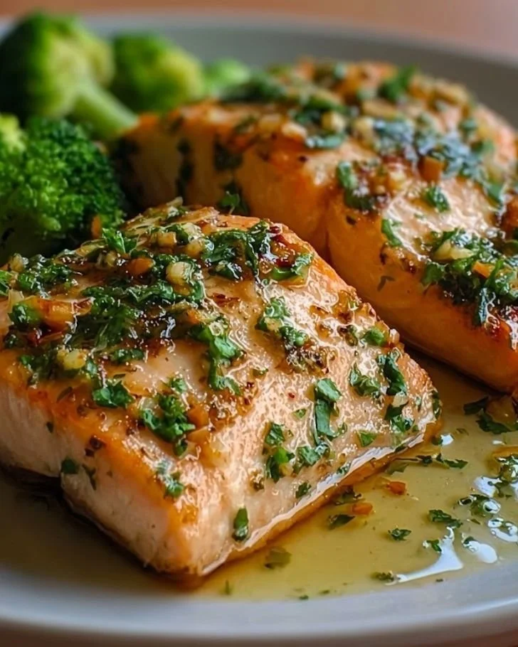Plated garlic butter baked salmon with herbs and lemon slices