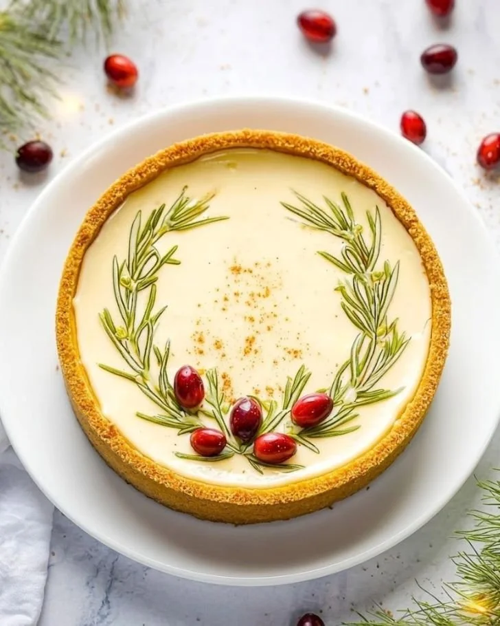 Delicious Eggnog Cheesecake topped with whipped cream and holiday spices