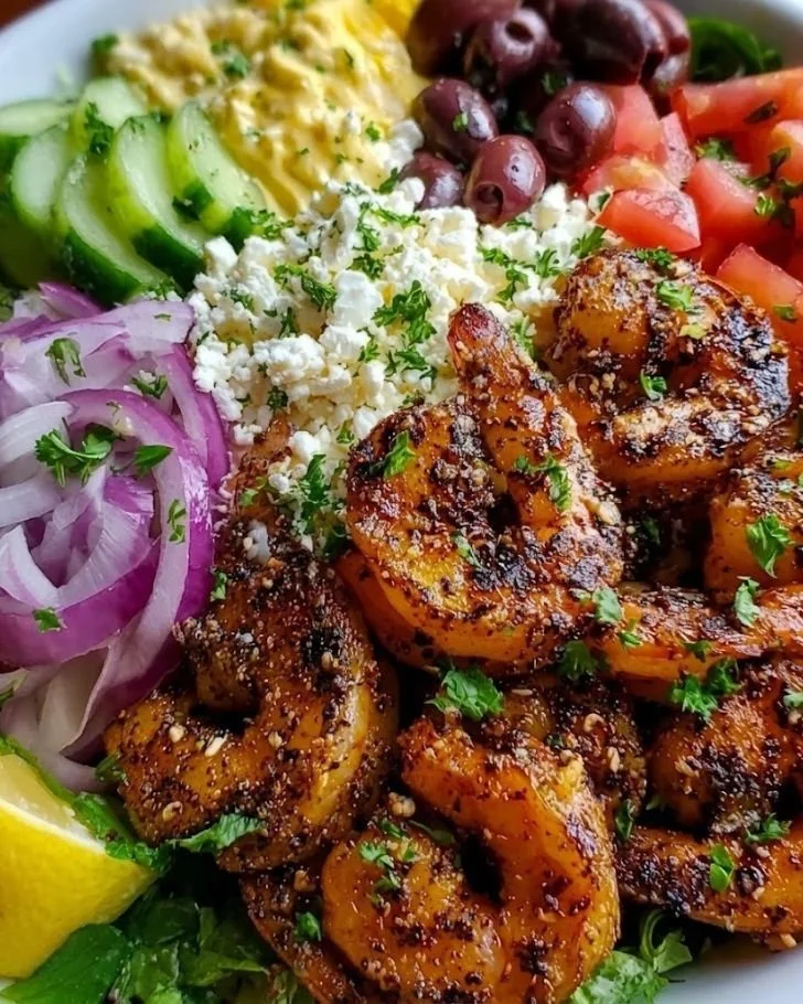 Delicious Greek Shrimp Mediterranean Bowl with vibrant vegetables and shrimp