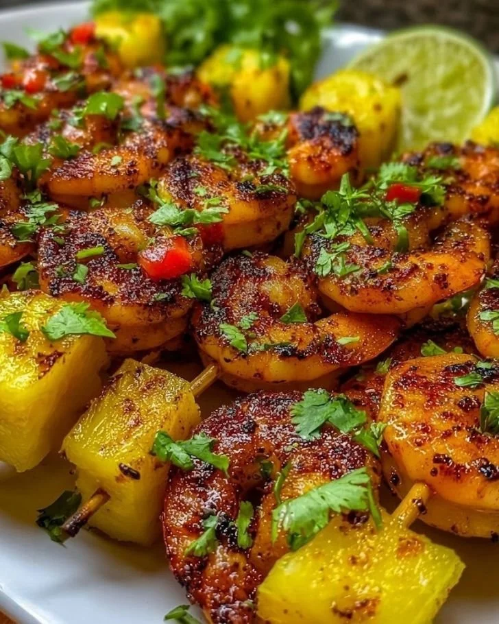 Delicious grilled shrimp pineapple skewers on the grill