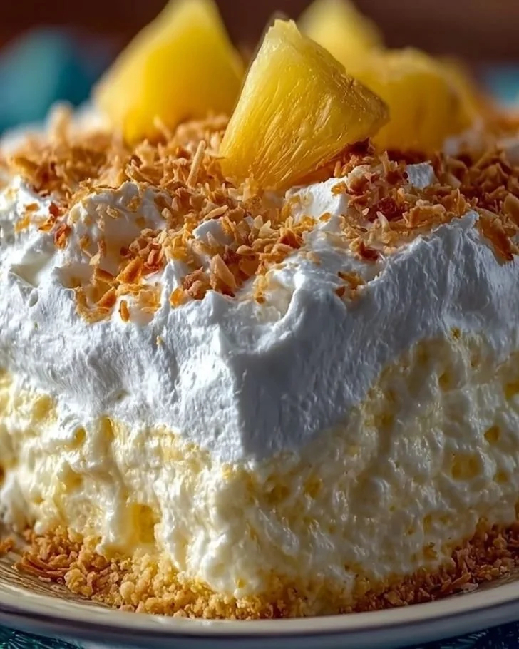 Hawaiian Pineapple Coconut Fluff dessert in a bowl with tropical garnish.