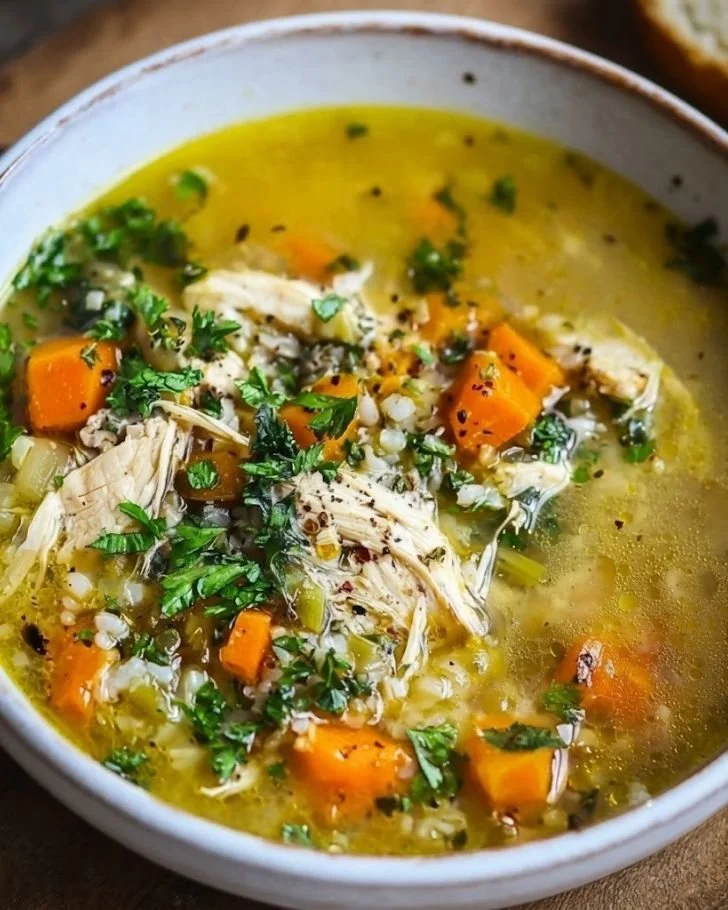 Bowl of healthy healing chicken soup garnished with herbs and vegetables