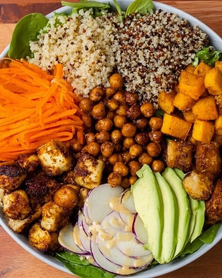 High Protein Buddha Bowl with colorful vegetables and grains