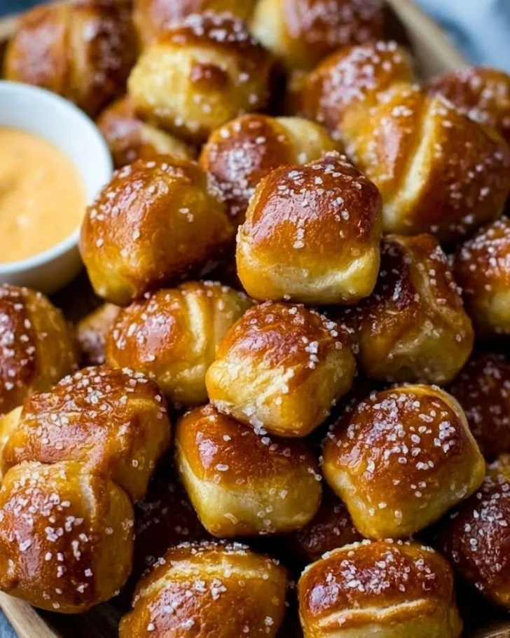 Homemade soft pretzel bites served with dipping sauce
