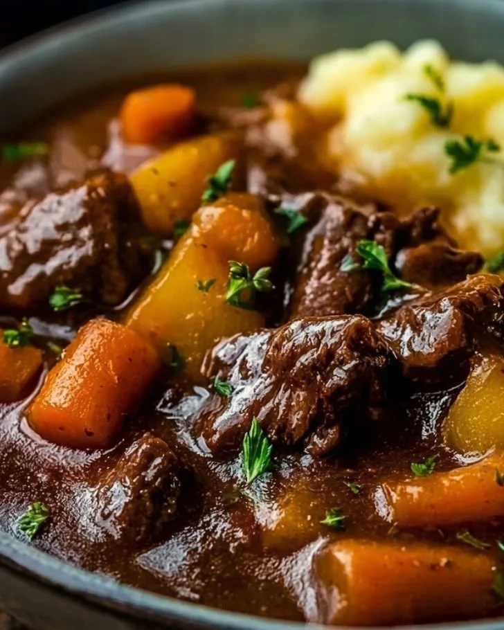 Delicious Irish Guinness Beef Stew in a rustic bowl garnished with herbs