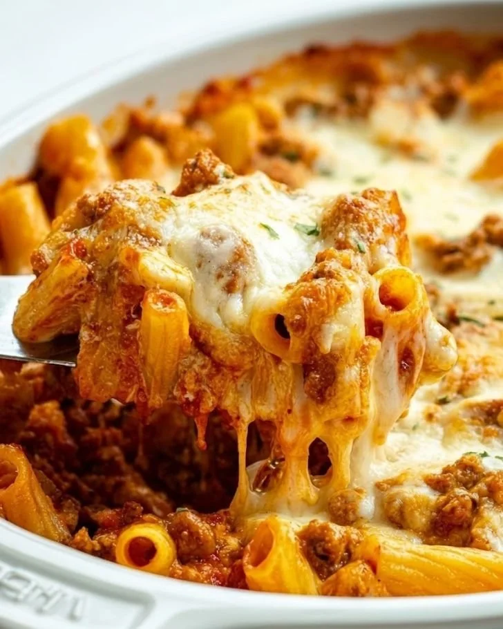 Delicious serving of easy baked ziti topped with melted cheese and herbs