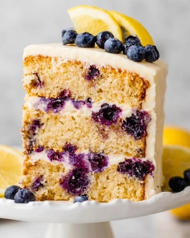Slice of moist Lemon Blueberry Layer Cake with blueberries and lemon frosting