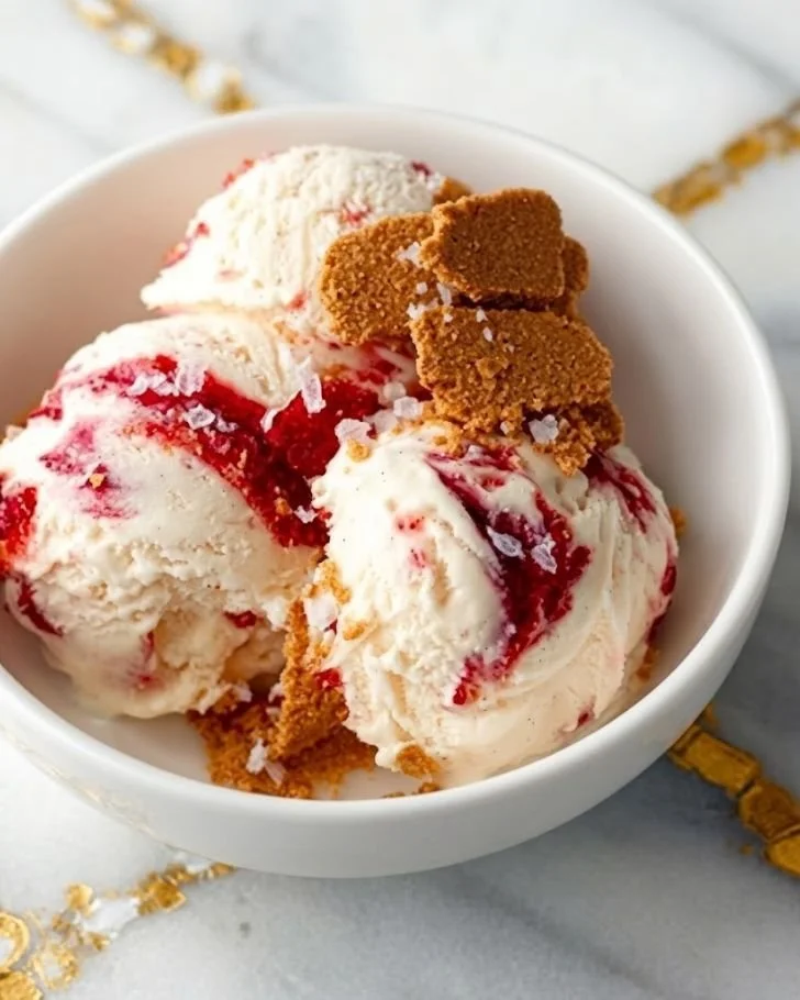 Creamy strawberry cheesecake protein ice cream made with Ninja Creami machine
