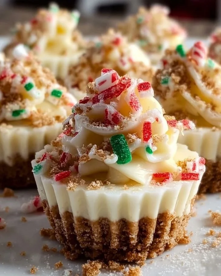 Festive no bake Christmas mini cheesecakes topped with holiday decorations