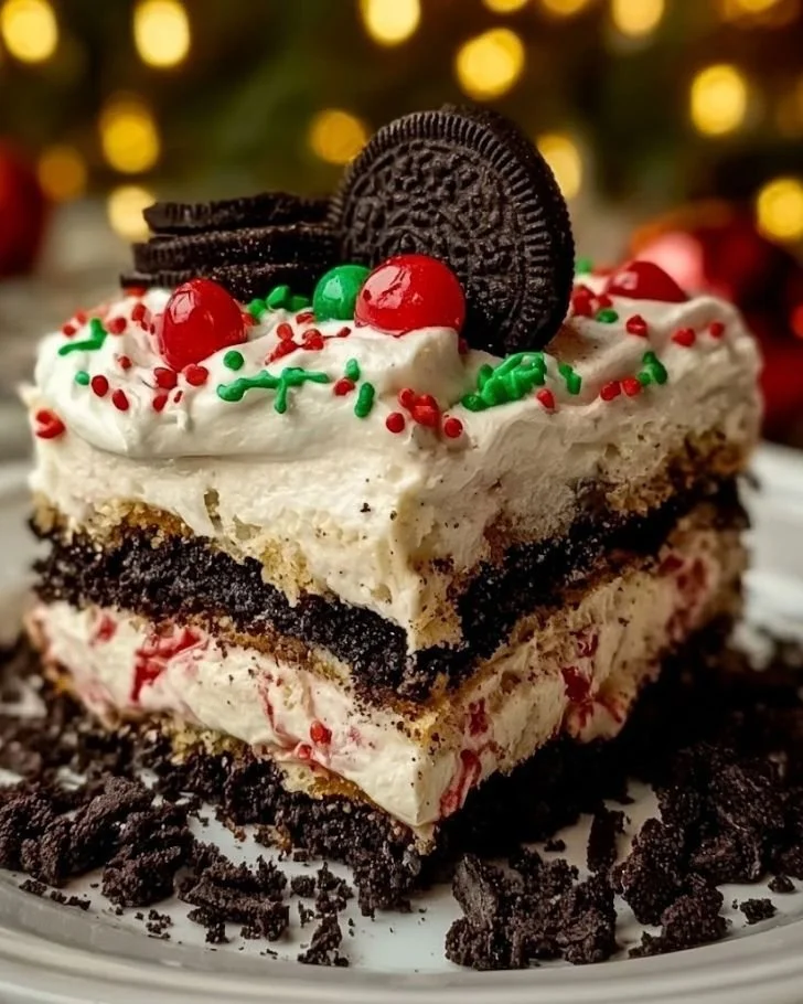 Delicious No-Bake Christmas Oreo Lasagna dessert with layers of cream and cookies.