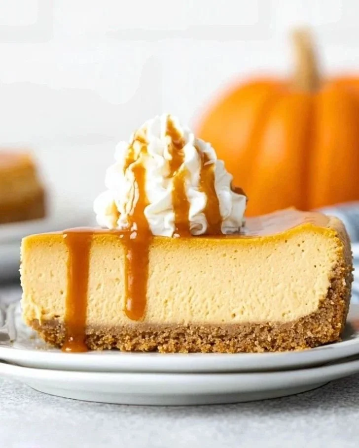Delicious no bake pumpkin cheesecake topped with whipped cream and spices.