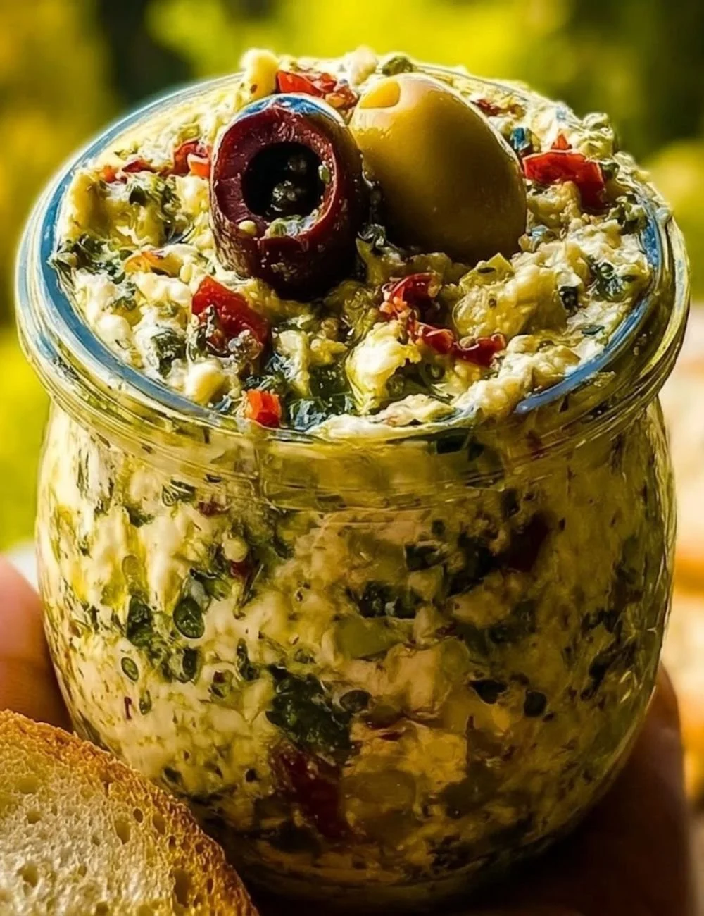 A delicious olive dip perfect for olive lovers, served with crackers and vegetables.