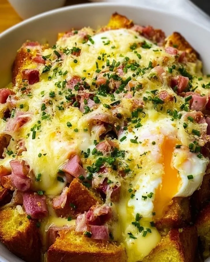 Sliced Overnight Eggs Benedict Casserole served on a plate with garnish