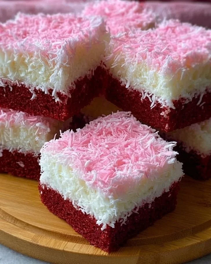 Delicious pink coconut snowball cake bars topped with coconut flakes