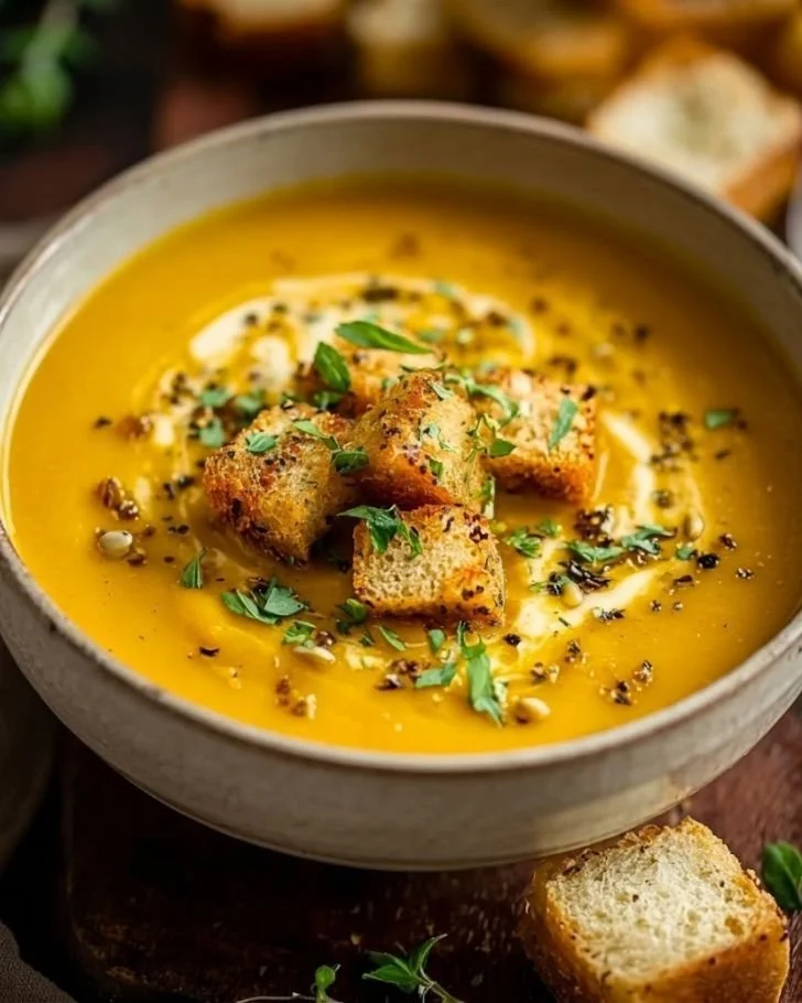 A bowl of creamy roasted butternut squash soup garnished with herbs.