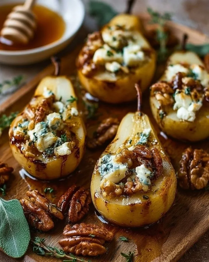 Delicious roasted pears topped with goat cheese and maple walnut drizzle