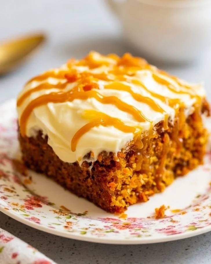 Salted Caramel Carrot Cake topped with Cream Cheese Frosting on a rustic table