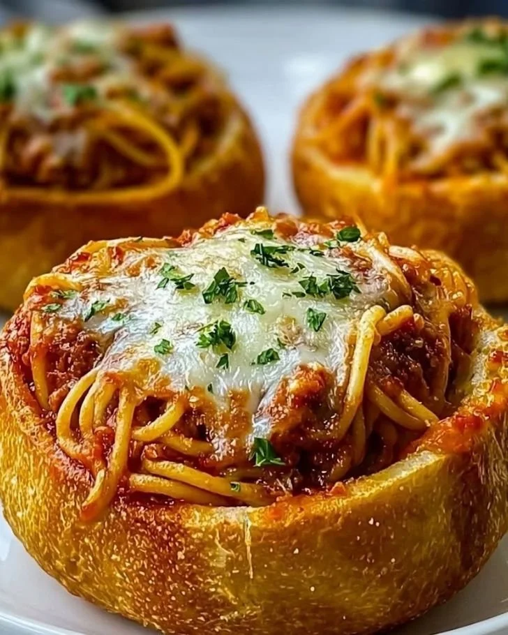 Spaghetti Garlic Bread Bowls served with fresh herbs and cheese