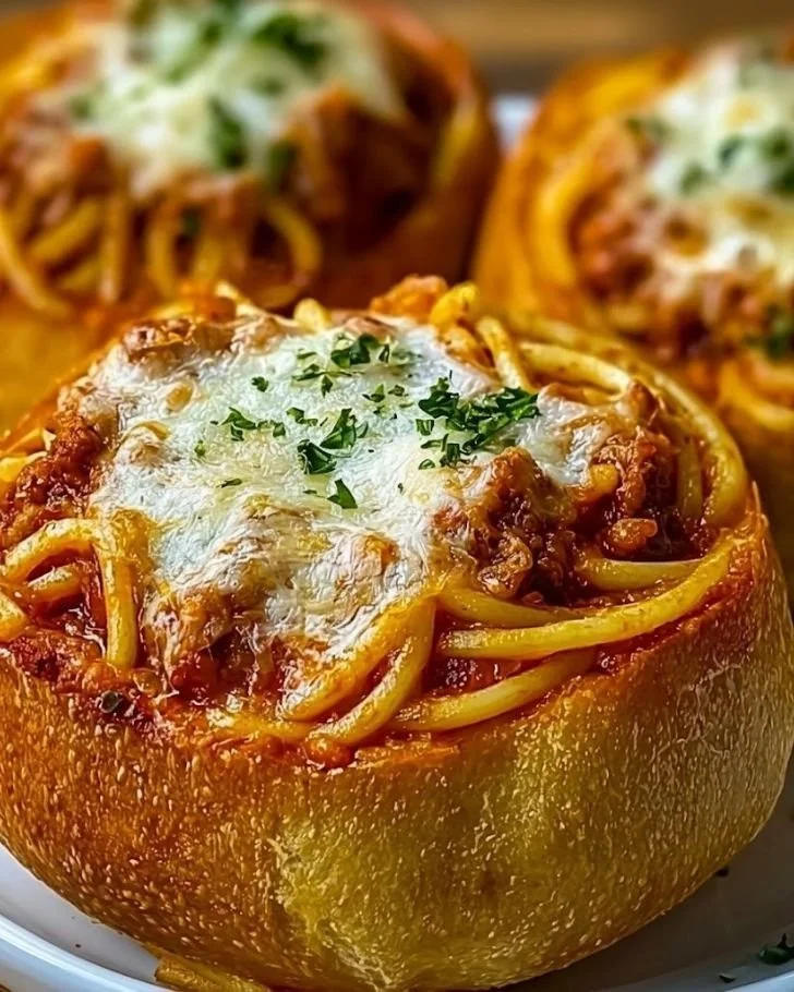 Spaghetti Garlic Bread Bowls