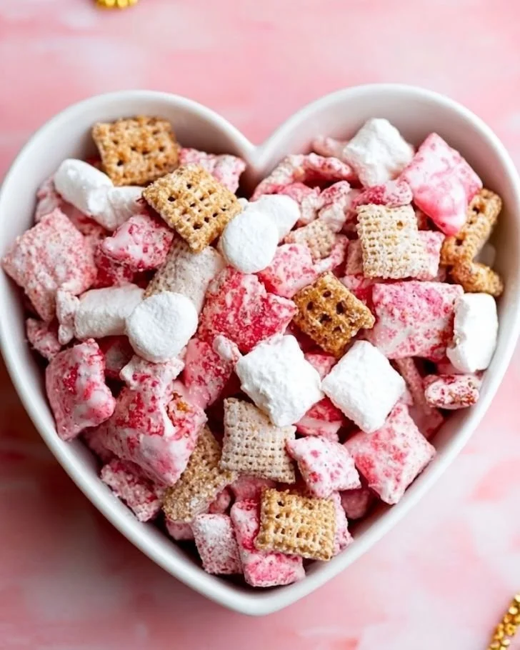 Bowl of Strawberry Cheesecake Puppy Chow, a delicious snack mix treat.