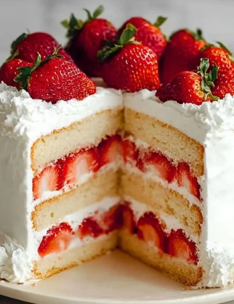Delicious Strawberry Cream Cake topped with fresh strawberries and whipped cream
