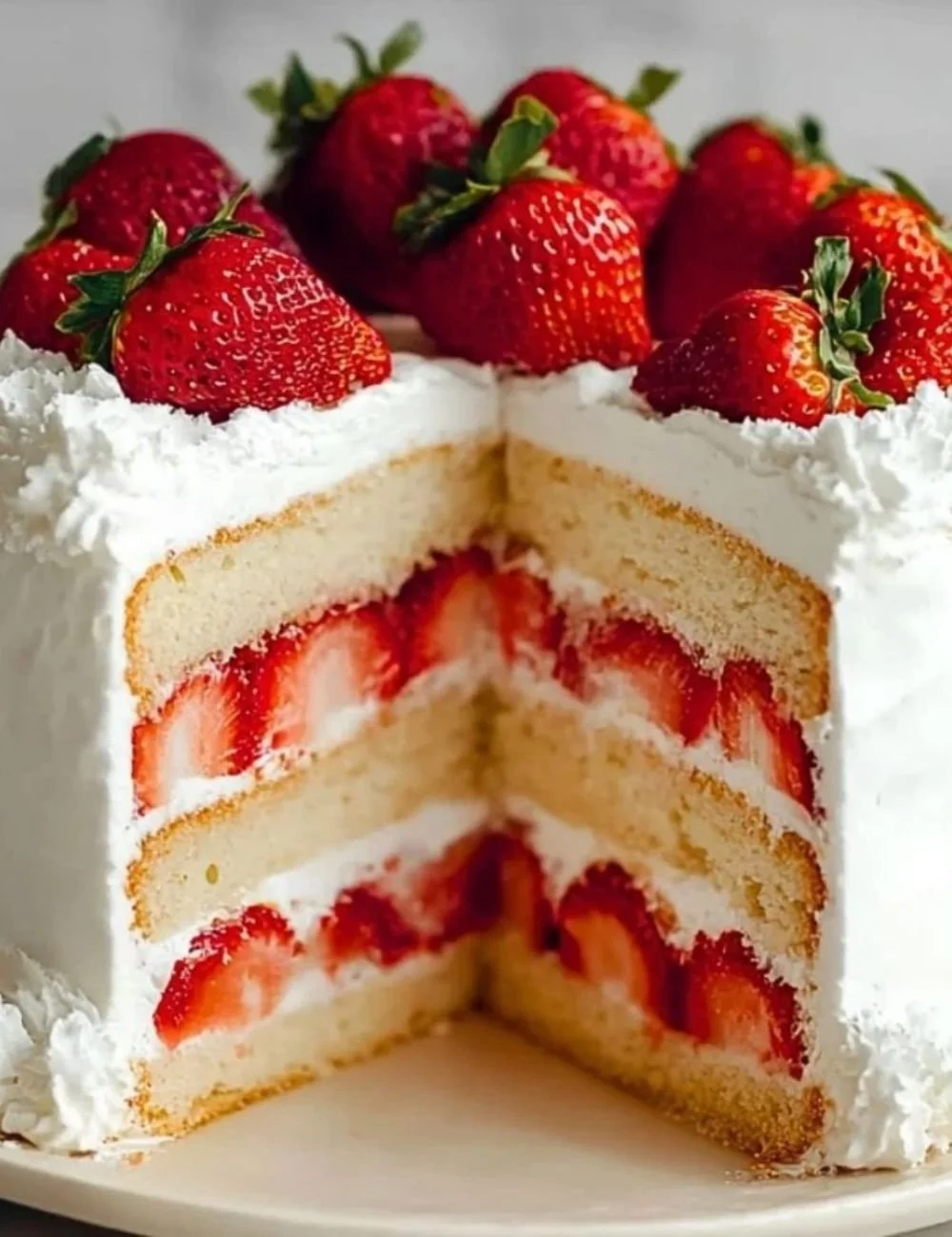 Delicious Strawberry Cream Cake topped with fresh strawberries and whipped cream
