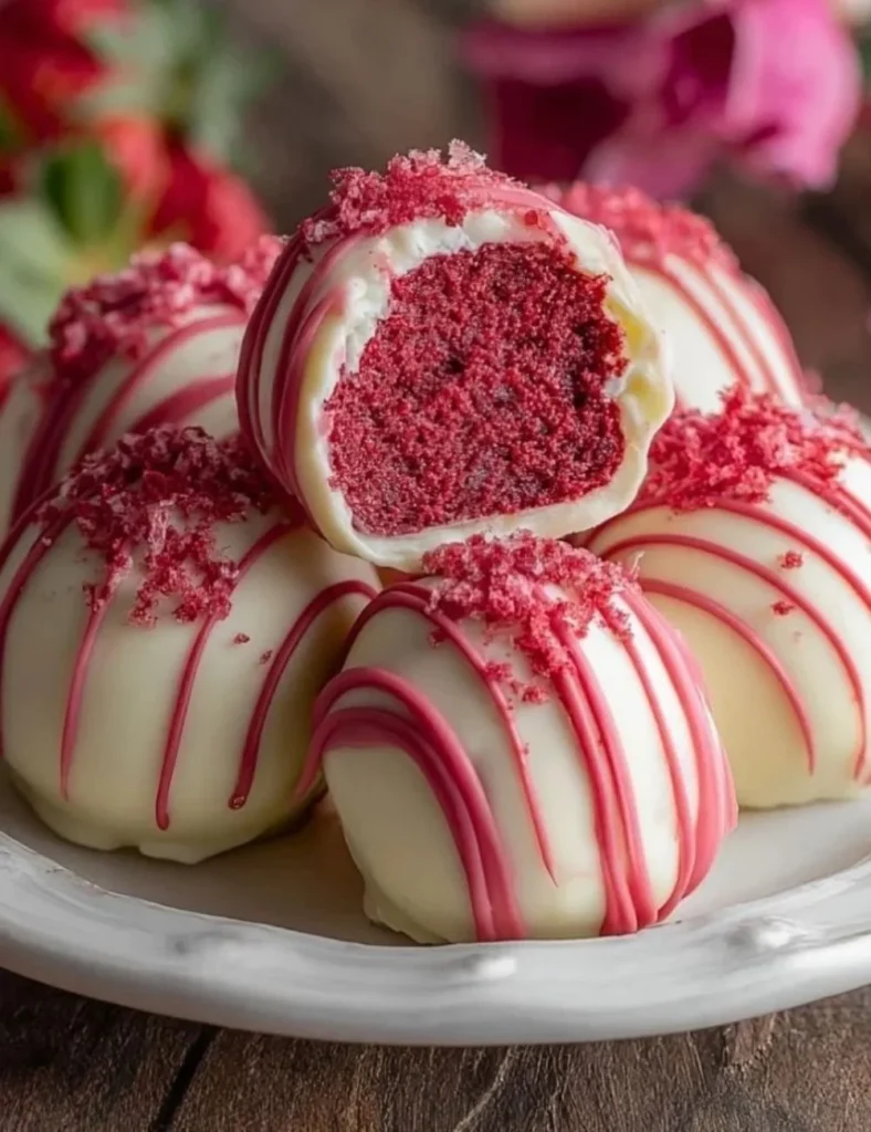 Strawberry Velvet Cheesecake Truffle Bites on a decorative plate