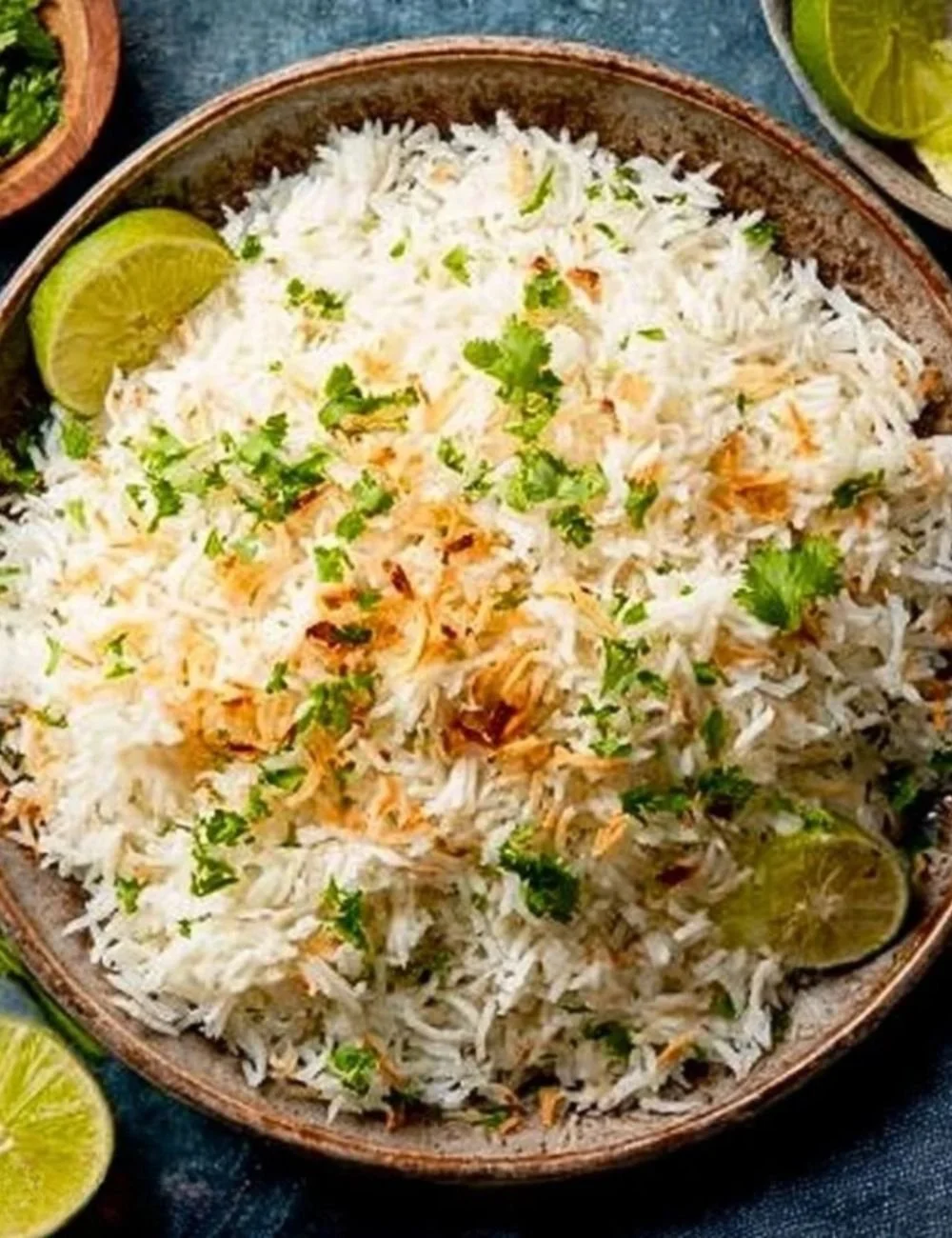 Delicious Thai Coconut Rice served in a bowl garnished with herbs