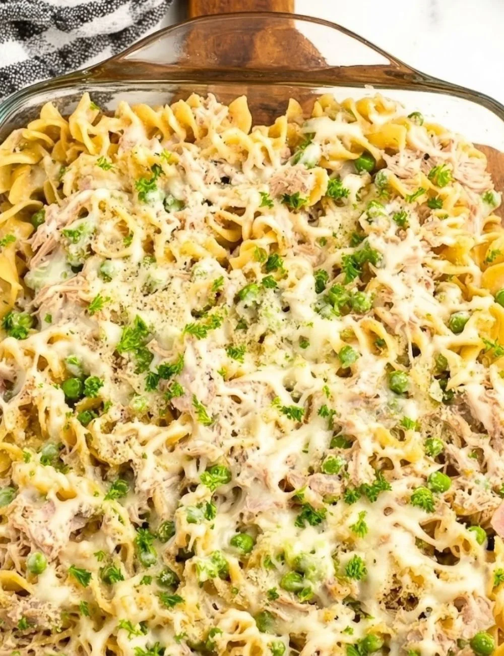 Baked Tuna Casserole topped with breadcrumbs and cheese