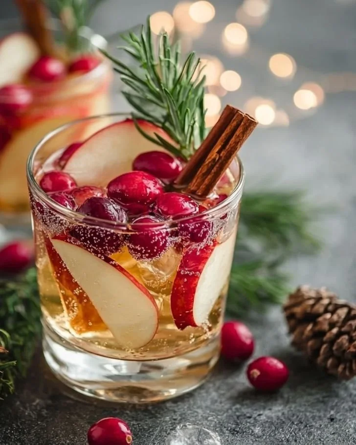 Delicious White Christmas Sangria in a festive glass with fruits and spices
