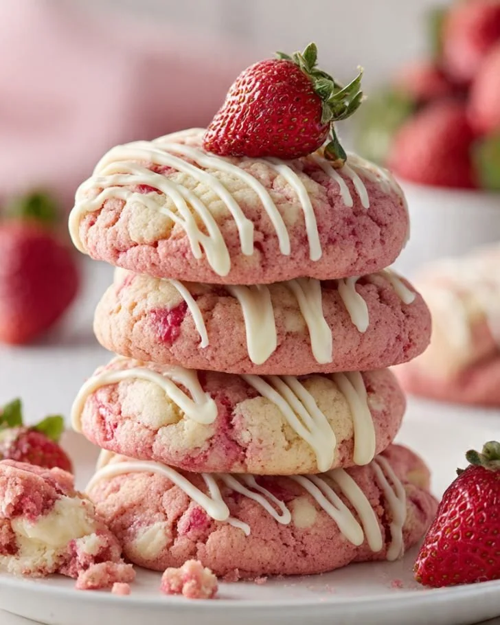 Freshly baked strawberry cheesecake cookies on a plate