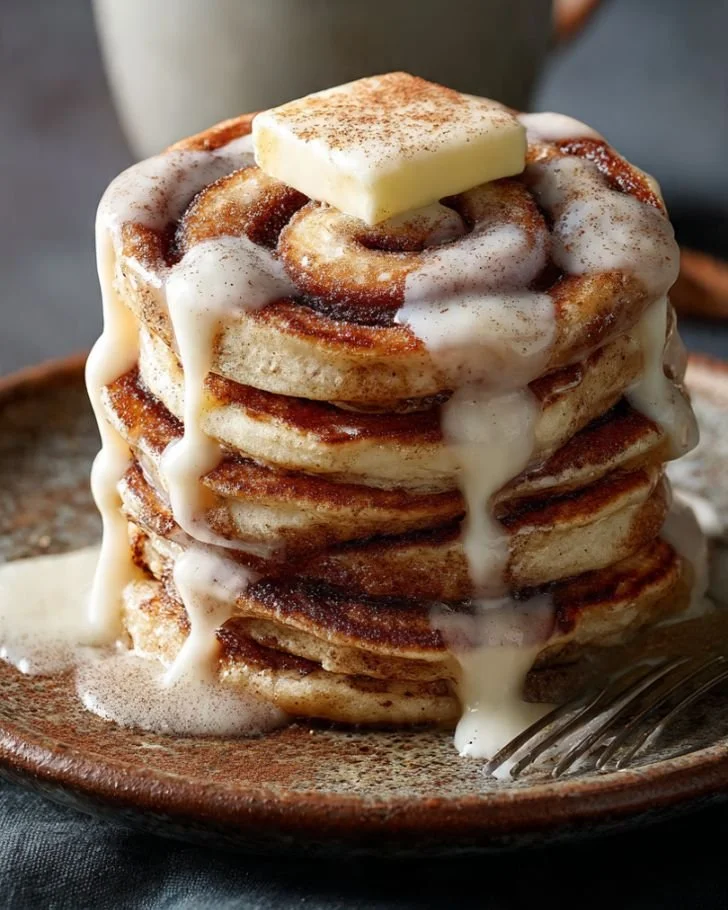 Fluffy cinnamon roll pancakes stacked on a plate, topped with icing.