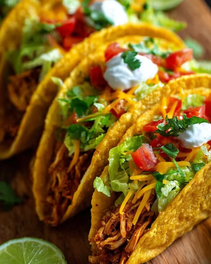 Crispy baked chicken tacos with fresh toppings in a serving dish.