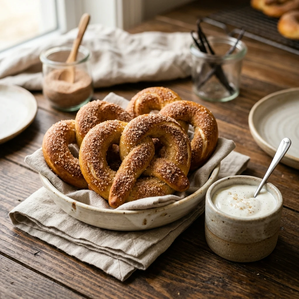 Cinnamon Sugar Soft Pretzels with Vanilla Dip