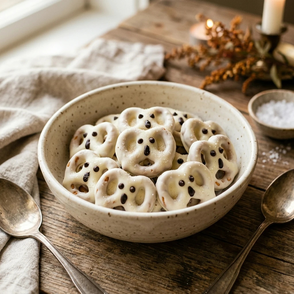 Ghostly White Chocolate Pretzel Bites